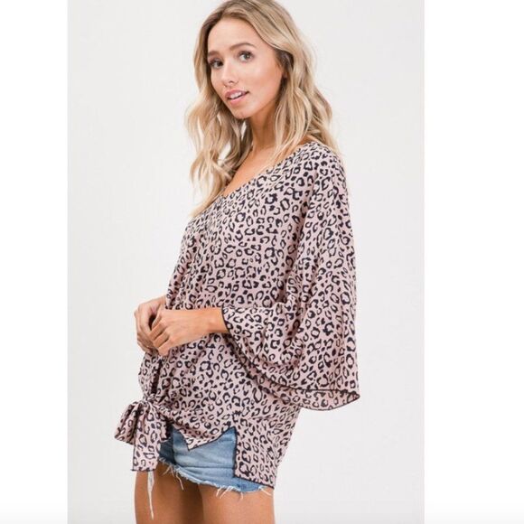 Leopard Forever Pink Black Animal Print Tie Front Kimono Wrap Top - Picture 3 of 4